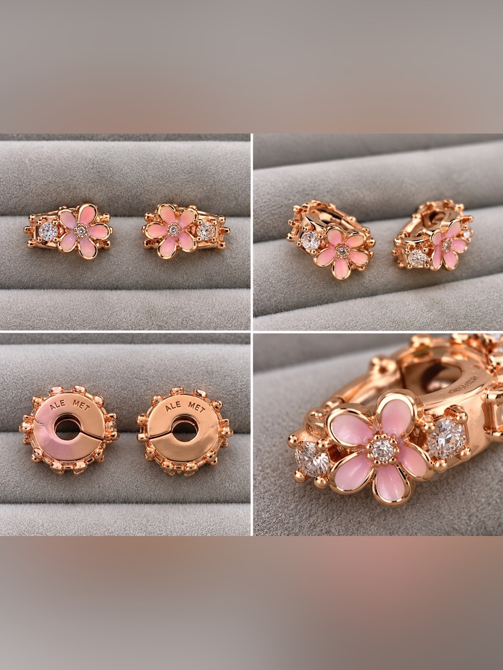 Pandora Rose Gold Pink Floral Bracelet Charms with Crystals